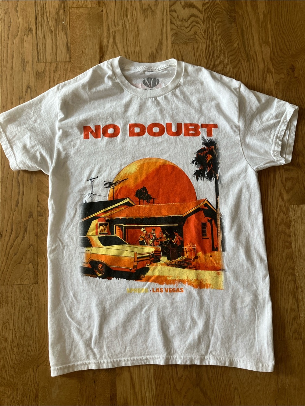 No Doubt Sphere 2026 White Graphic Tee with Orange Sunset Print